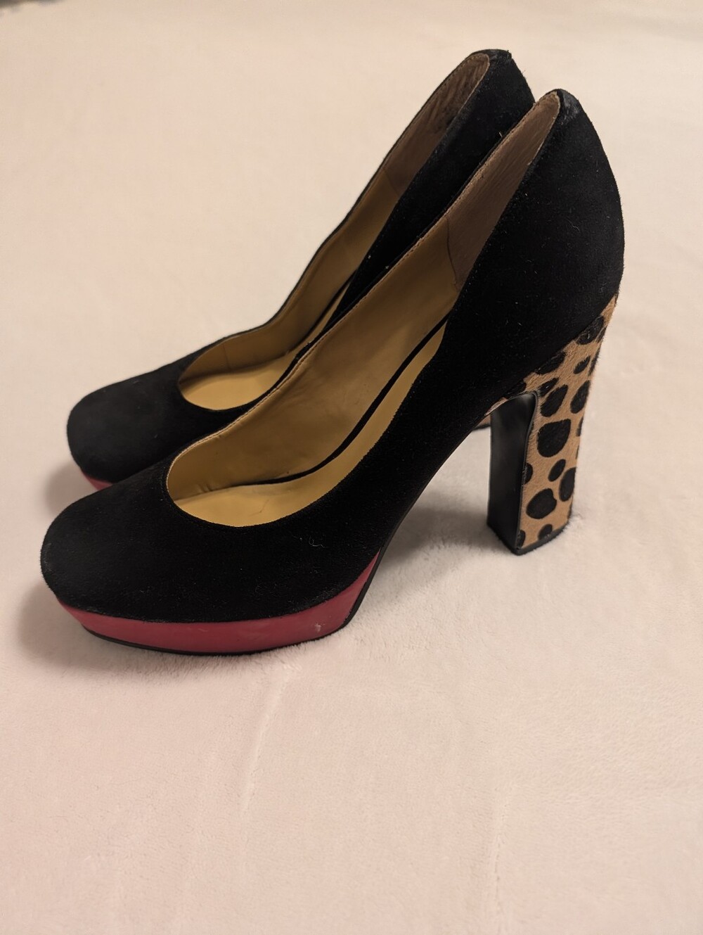 Nine West Black Suede Pumps with Leopard-Print Block Heel and Red Platform